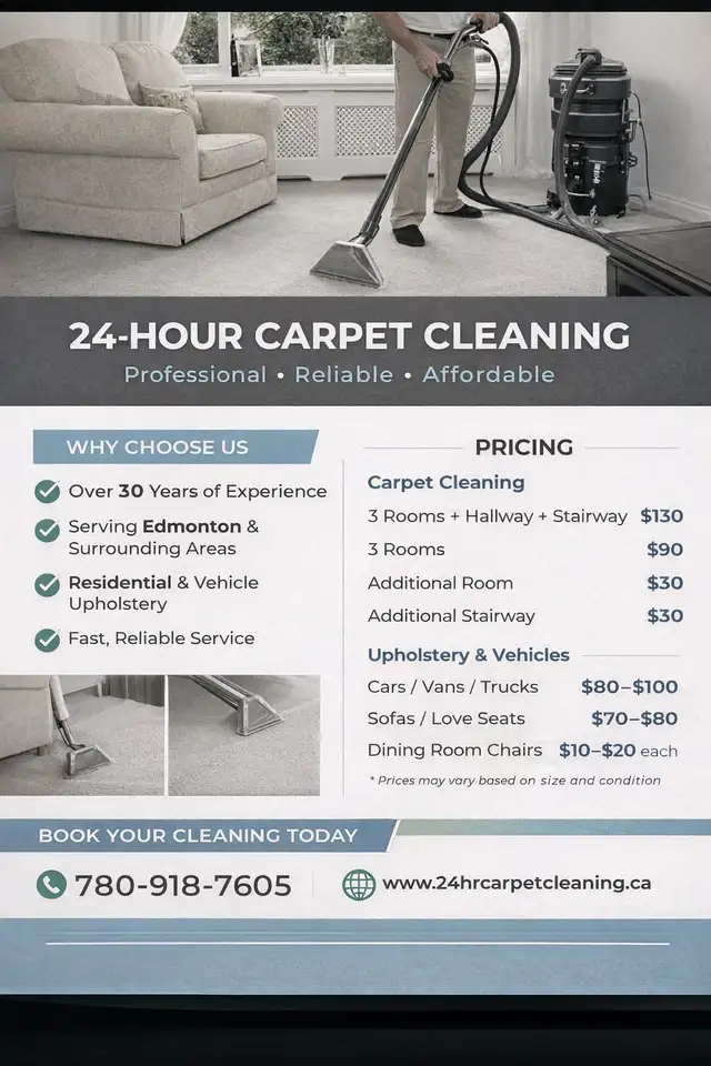 24HR Carpet Cleaning - 3 rooms, hallway, and stairs $130 in Cleaners & Cleaning in St. Albert - Image 2