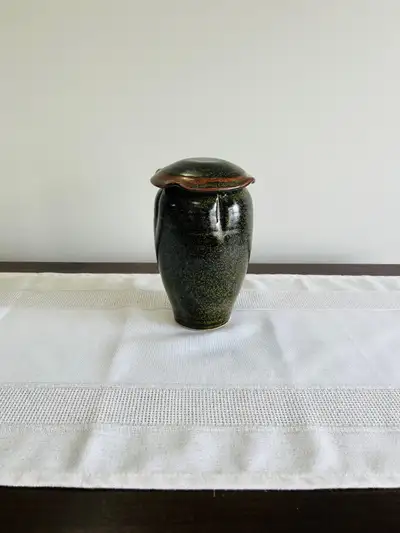POTTERY JAR /CONTAINER WITH LID-DARK COLOR-SIGNED, View more