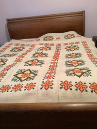 Vtg Hand Crochet and Cross Stitch Blanket/Coverlet 