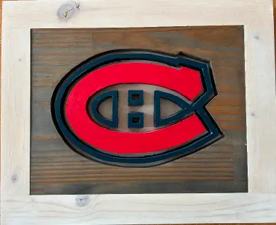 Montreal Canadiens custom wood (spruce) picture, hand crafted and cut with scroll saw. Courtesy of S...