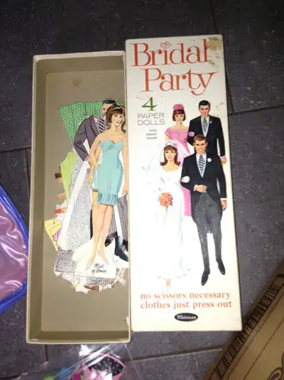 Collection of vintage Bridal Party cardboard dolls and clothes, View more