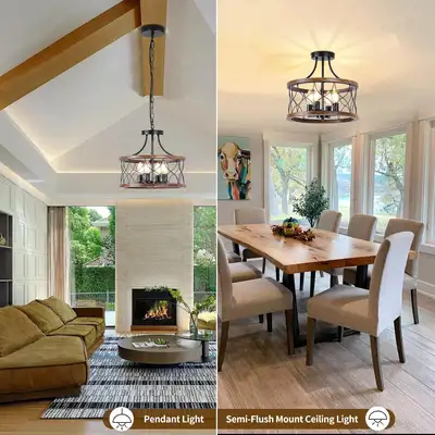 Wooden Farmhouse Chandelier 4 Lights Rustic Semi Flush Mount Cei, View more