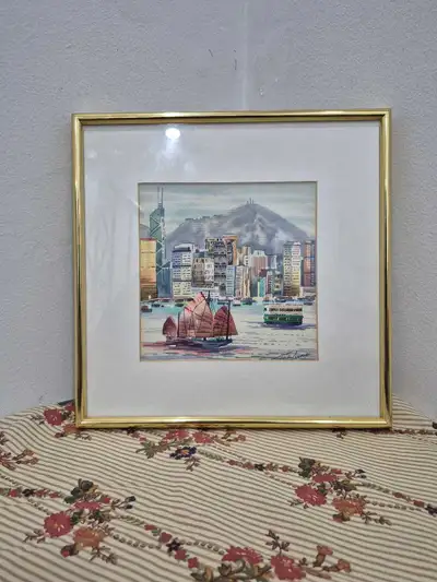 Framed Hong Kong Harbour Watercolor Painting Signed Art Print, View more