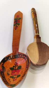 2 Vintage Hand crafted Hand Painted Wooden Spoons 7.5"