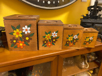 Vintage 12 Piece Wooden Dovetail Nesting Flower Power Canisters