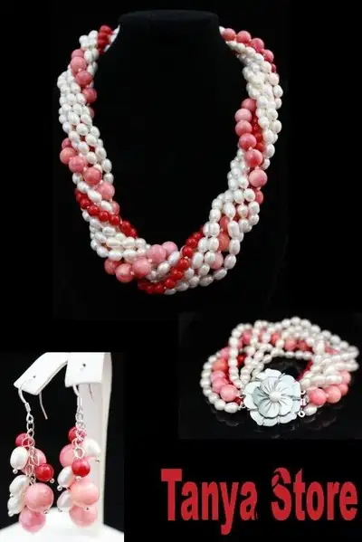 NATURAL RED CORAL & WHITE PEARL & JADE NECKLACE BRACELET EARRING, View more