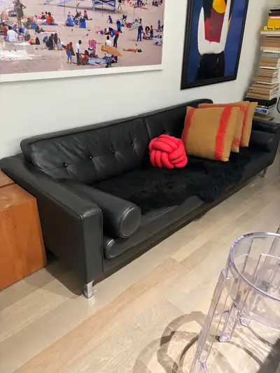 Black Leather Mid Century Style Sofa., View more