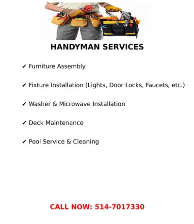 Assembly furniture ,light and etc. Installation door lock, faucet, washer, microwave and etc. Dryer...
