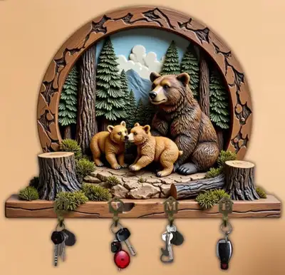 *NEW* 2-D FLAT WOODEN PANEL KEYCHAIN HOLDER - FOREST MOM BEAR , View more