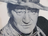 Pair of 70s lacquered John Wayne Western on plywood 19.5" x 23"