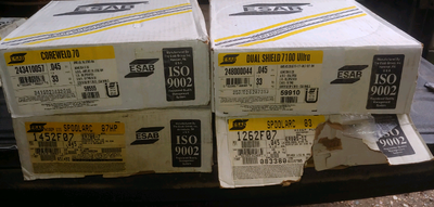 Esab flux core .035, .045 
Solid .045
1 spool .035 aluminum, View more