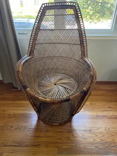 Antique retro mid century mid-century wicker boho bohemian wicker accent peacock chair. Comes with t...