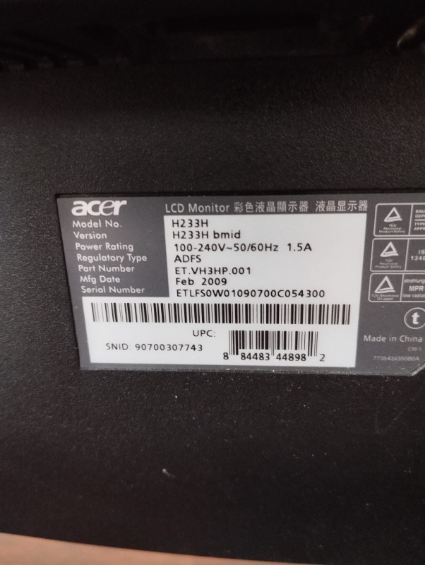 Acer H233H bmid 23" Widescreen LCD Computer Display dans Moniteurs  à Ville de Montréal - Image 2