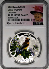 Monnaie royale canadienne
20$ fine silver
Cedar waxwing
NGC 70
