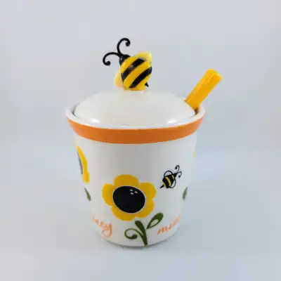 Sunflowers Honey Pot Jar Bee Joie Ceramic Dipper White Yellow Fl, View more
