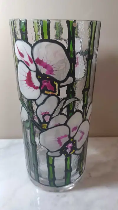 9"Tx4"D Beautiful Tall Vase with Orchids Stained Glass Style, View more