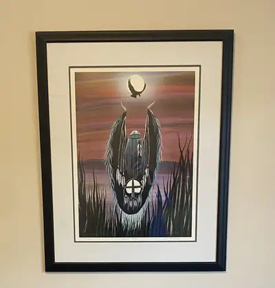 Signed print (17/95) of “Evening Prayer”by Wabemiguil. Professionally framed. Print is 23” x 17”. Sm...