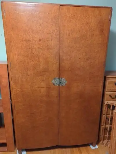 Vintage wood Art Deco wardrobe and dresser set, View more