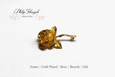 BR-68-Vintage Gold Tone Rose Brooch, Gold Plated Flower Pin, View more