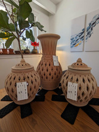Hand made Queen Cut Clay Lanterns and Vase.