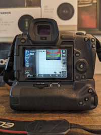 Canon EOS R body, with box, OEM grip, and control ring adapter