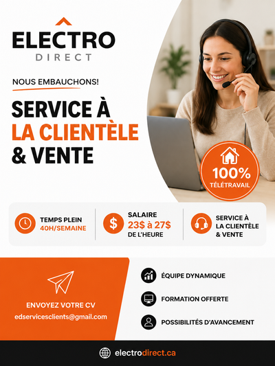 Offre d’emploi — Service à la clientèle & Vente (Télétravail) Poste : Agent(e) au service à la clien...