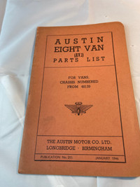 VINTAGE 1946 AUSTIN EIGHT VAN FACTORY PARTS LIST #M01427