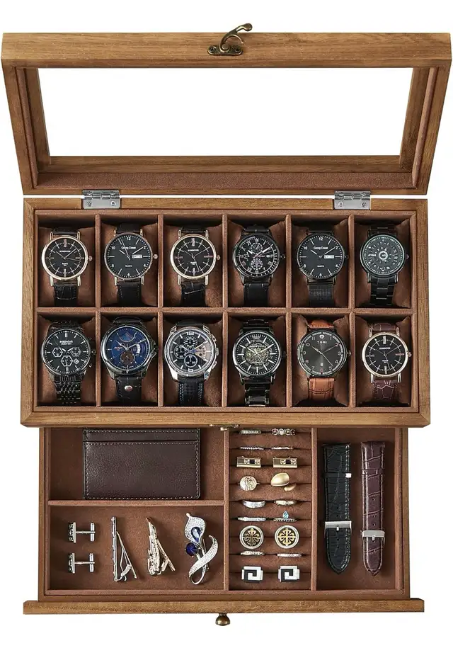 New-12-Slot Watch Box, 2-Tier Watch Display Case