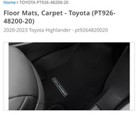 Brand-New Toyota Highlander carpet floor mats (2020-2023) 