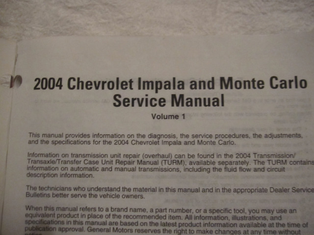 2004 Chev Monte Carlo, Impala Dealer Service Manuals in Other Parts & Accessories in Hamilton - Image 3