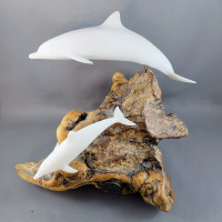 John Perry Dolphins Sculpture Burl Wood Figurine Ocean Décor Sea