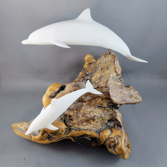 John Perry Dolphins Sculpture Burl Wood Figurine Ocean Décor Sea in Arts & Collectibles in Strathcona County