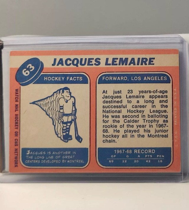1968-69 Topps Jacques Lemaire #63 HOF dans Hockey  à Saint-Jean-sur-Richelieu - Image 2