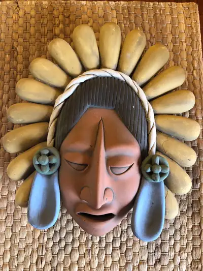 Vintage Terracotta Ceramic Mexican Tribal Mayan Aztec Mask Wall Hanging 12”h x 11”w x 2”w Follow on...
