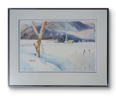 Jacques Hébert. Aquarelle originale 14"x22" avec cadre de 23"x29" Évaluation du tableau: 700$-1000$...
