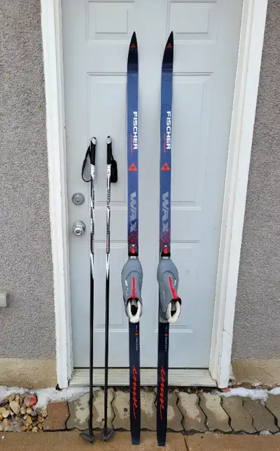 Fischer 190cm Cross country skis Salomon ski boots US7 and poles, View more