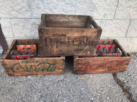4 VINTAGE COCA-COLA WOODEN CRATES + BOTTLES + WISHING WELL CRATE