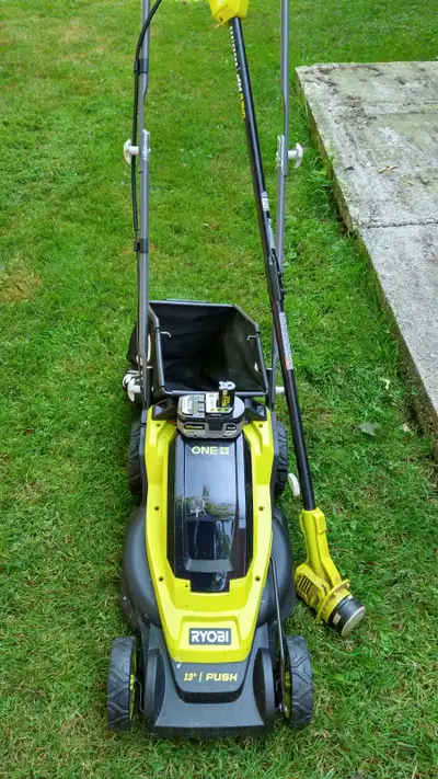 Ryobi 13 inch cordless lawn mower and trimmer, View more
