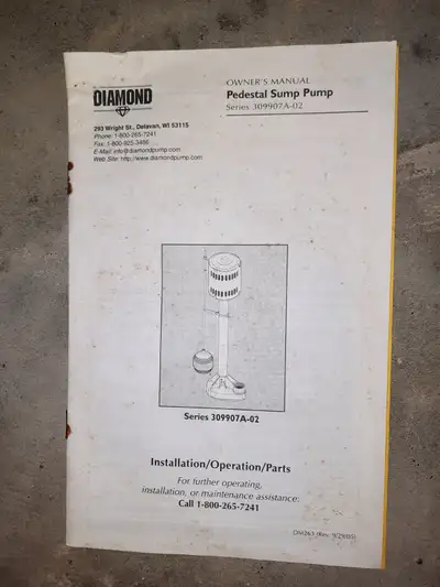 Never used 1/3 HP pedestal sump pump complete with original user manual.