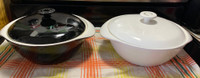 2 Large Matching Pottery White & Black Lidded Serving Dishes