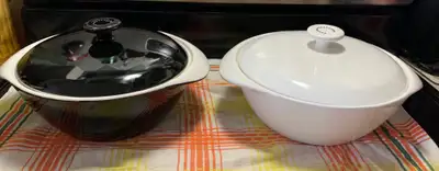 2 Large Matching Pottery White & Black Lidded Serving Dishes, View more