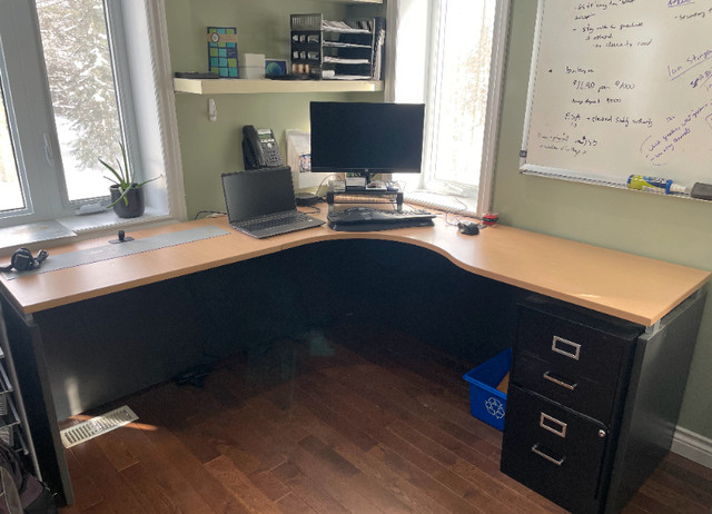 2 L-Shaped Office Desks (Maple) with Matching Rolling Cabinet in Desks in Stratford - Image 2