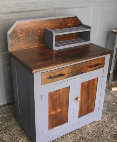 Vintage farm house dry sink converted to a coffee bar 17in width 30in length 38in height