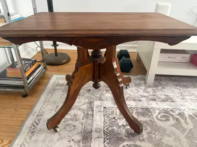 Antique Victorian Wood Parlor Accent Table on Wheels, View more