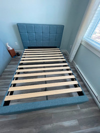 Upholstered Square Stitched Platform Bed in Light Blue, Full