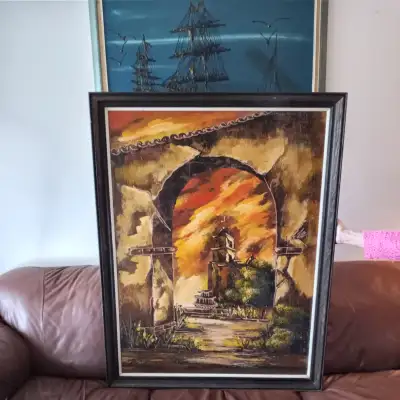 Vintage Large Framed Church Oil Signed Painting Wall Art, View more