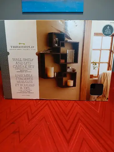 BNIB Espresso finish wall shelf and LED candle set Beautiful accent for living area or bedroom $40