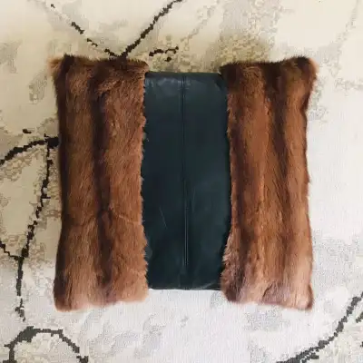 Red Mink Fur and Black Leather Large Decorative Accent Pillow, View more