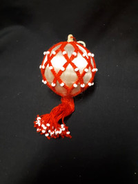 Red and White String and Bead Ornament