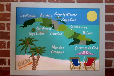 Peintures Acryliques Vintage LIQUIDATION (435.00$) Pour 135.00$ Carte de Cuba 18’’x48’’ (865.00$) Po...